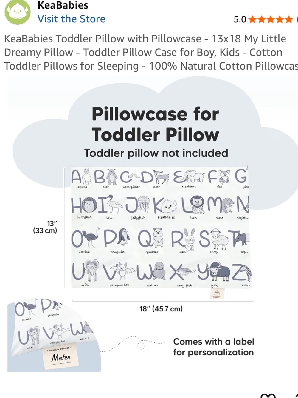 KeaBabies Gray Alphabet Animal Toddler Pillowcase - 13x18
